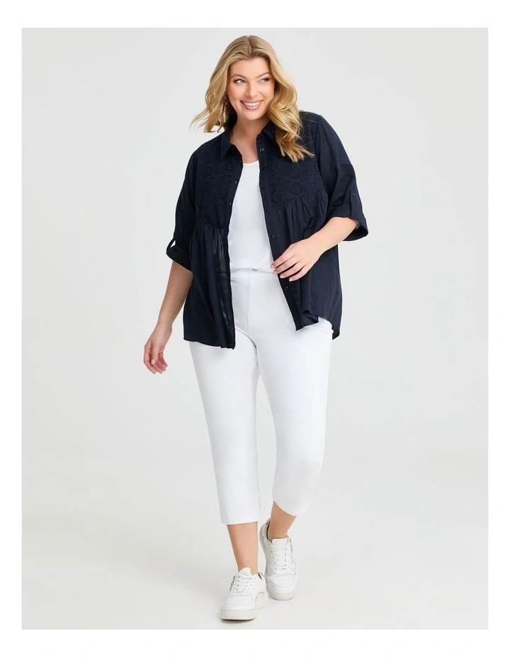 Cotton Broderie Spliced Shirt in Navy image 3