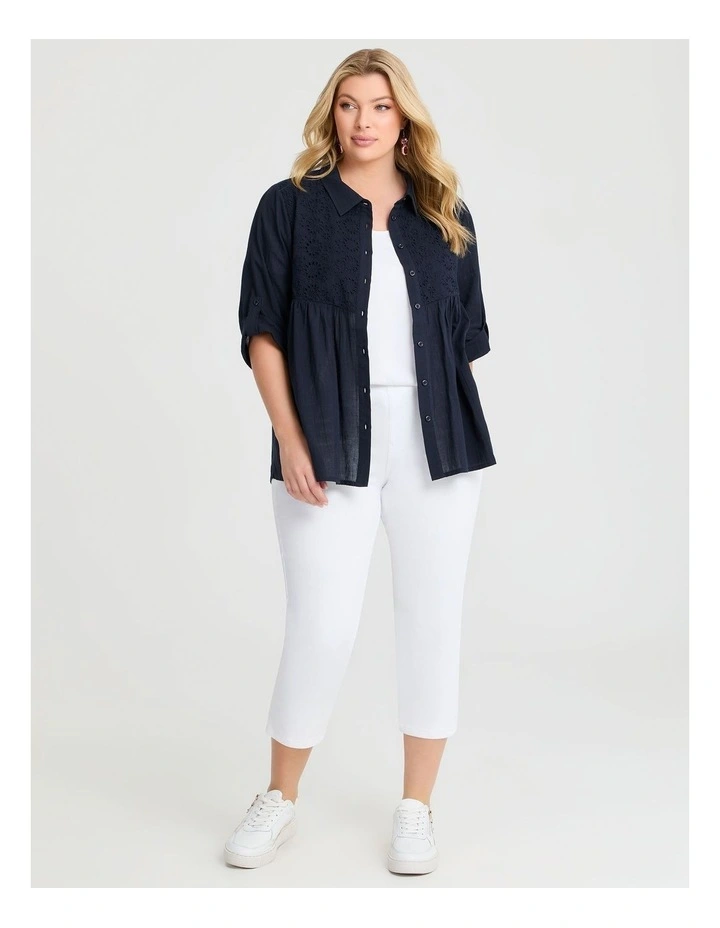 Cotton Broderie Spliced Shirt in Navy image 4