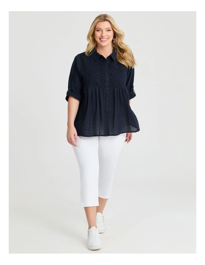 Cotton Broderie Spliced Shirt in Navy image 5