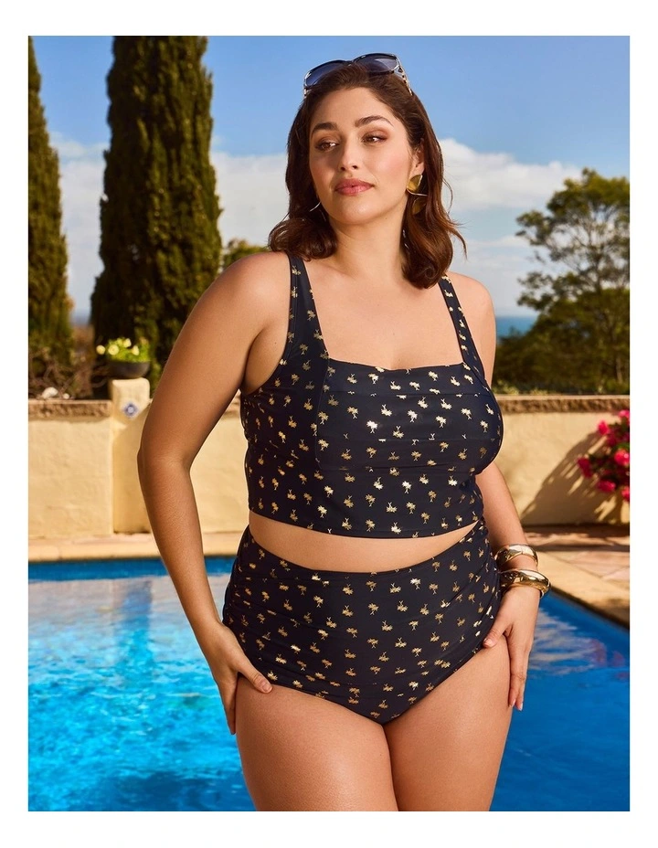 Gold Palm Ruched Swim Briefs in Multi image 4