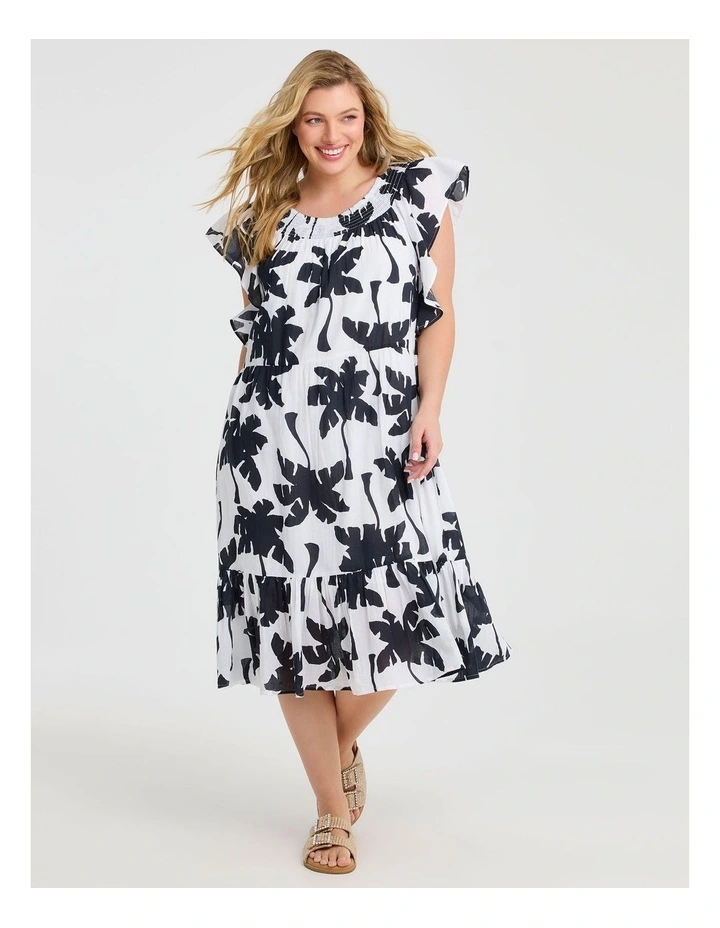 Cotton Palm Print Shirred Dress Print image 1