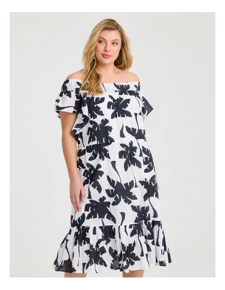 Cotton Palm Print Shirred Dress Print image 3