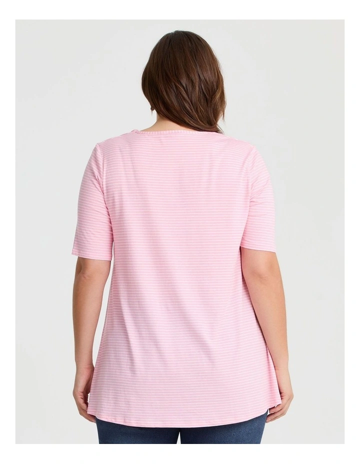 Scoop Neck Stripe T-shirt in Pink/white image 2