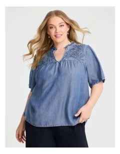 Lyocell Yoke Applique Top in Mid Blue