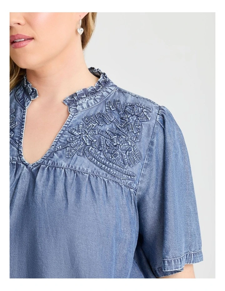 Lyocell Yoke Applique Top in Mid Blue image 2