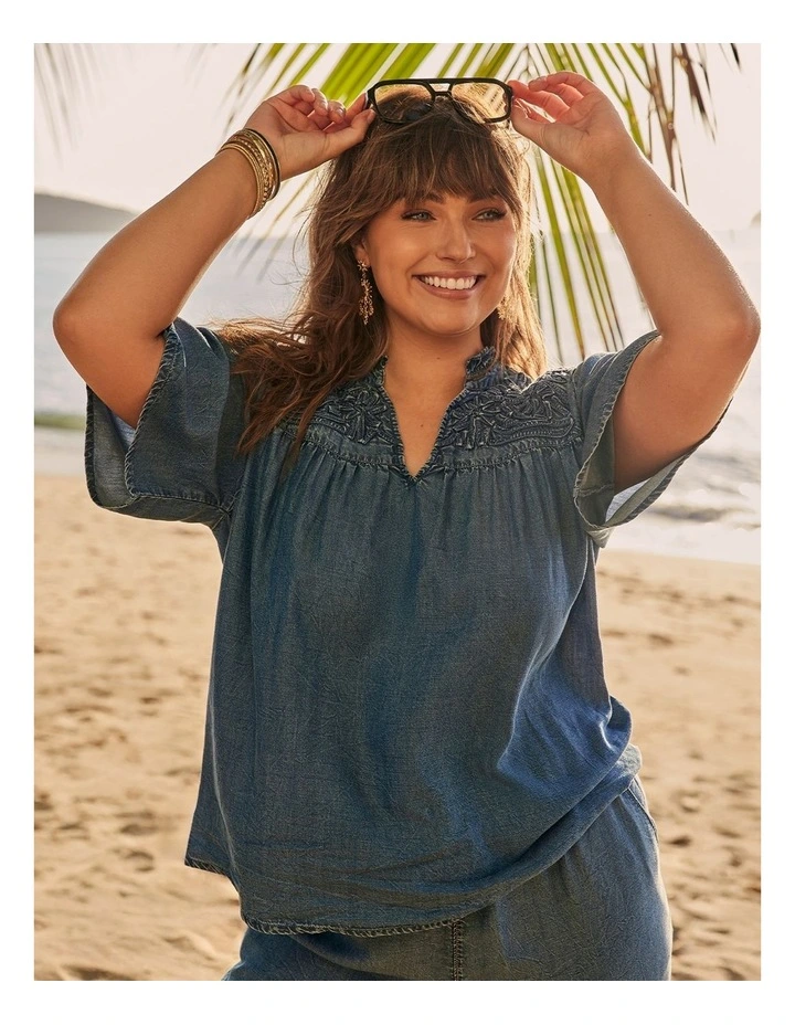 Lyocell Yoke Applique Top in Mid Blue image 4