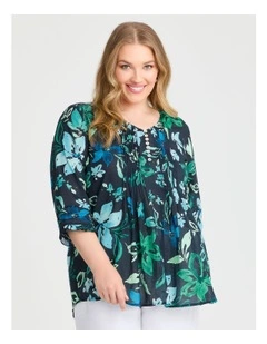 Cotton Summer Floral Pintuck Top in Print