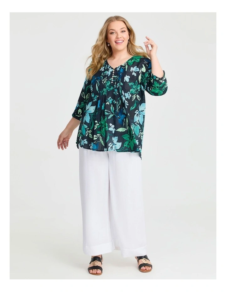 Cotton Summer Floral Pintuck Top in Print image 3