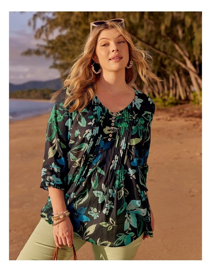 Cotton Summer Floral Pintuck Top in Print image 4