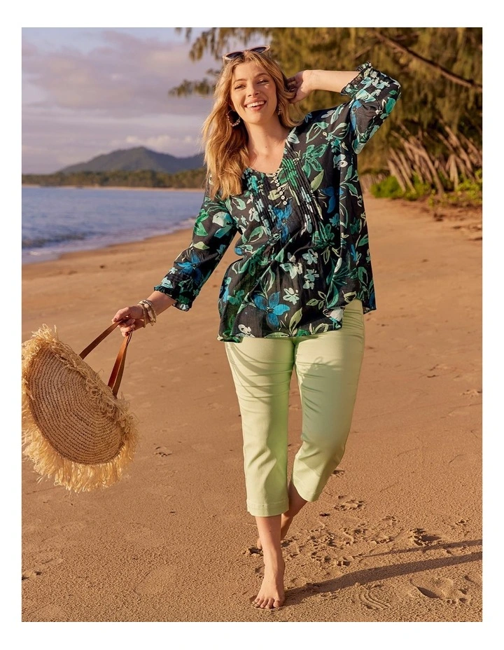 Cotton Summer Floral Pintuck Top in Print image 5