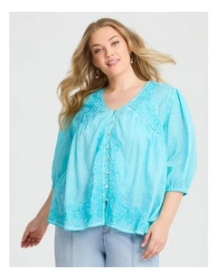 Cotton Tonal Embroidery Top Hawaiian Ocean