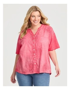 Cotton Paisley Knit Back Top in Hot Coral
