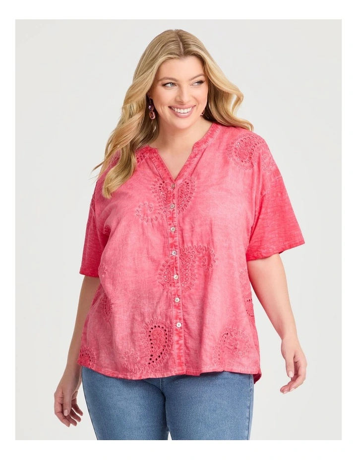 Cotton Paisley Knit Back Top in Hot Coral image 1