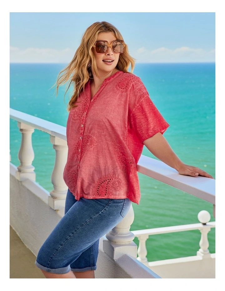 Cotton Paisley Knit Back Top in Hot Coral image 4