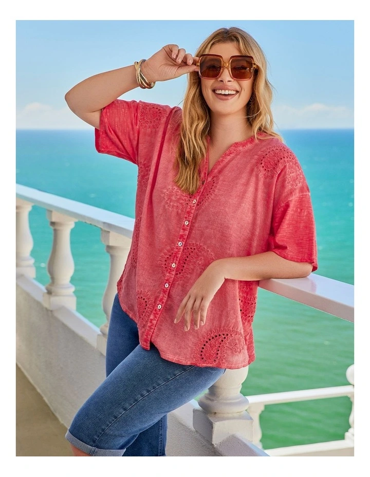 Cotton Paisley Knit Back Top in Hot Coral image 5