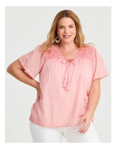 Cotton Embroidery Yoke Top in Peach Nectar