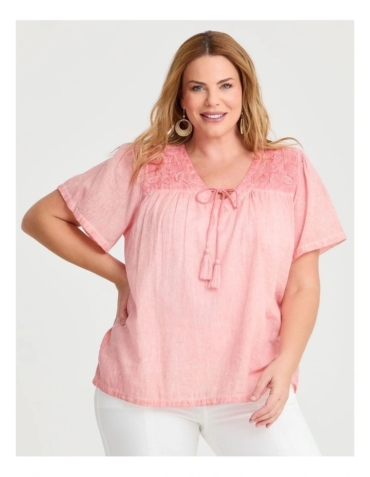 Cotton Embroidery Yoke Top in Peach Nectar image 1