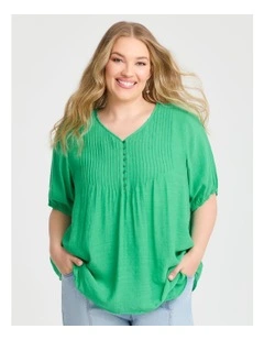 Natural V-neck Pintuck Top in Electric Green