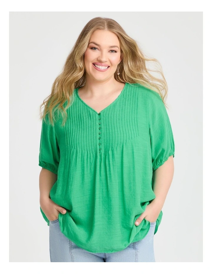 Natural V-neck Pintuck Top in Electric Green image 1