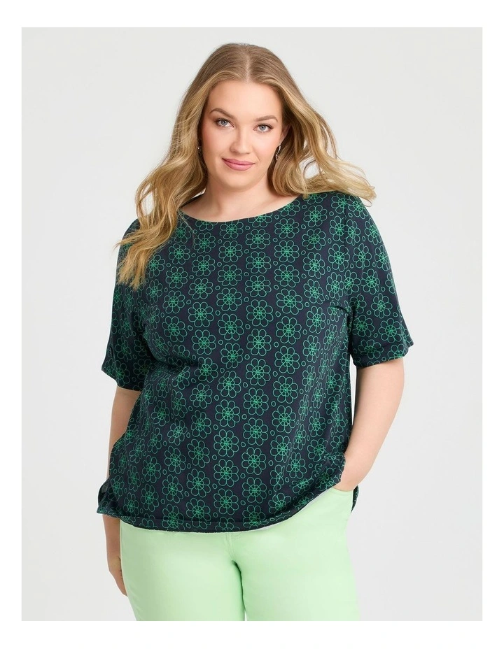 Cotton Flower Print T-shirt in Navy/green image 1