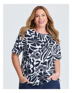 Cotton Abstract Flower T-shirt Navy/white