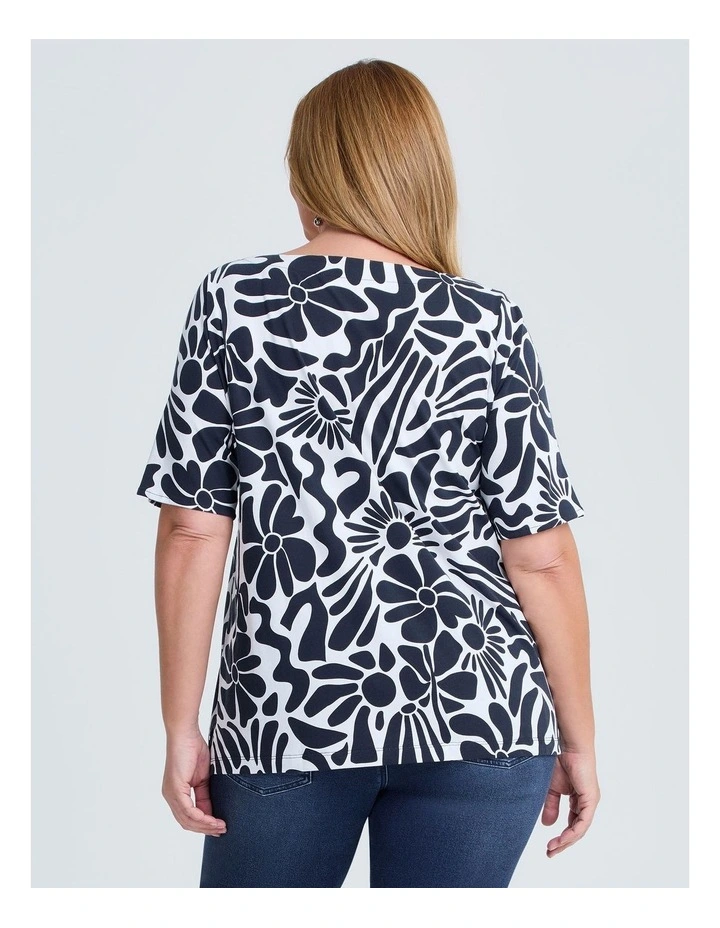 Cotton Abstract Flower T-shirt Navy/white image 2
