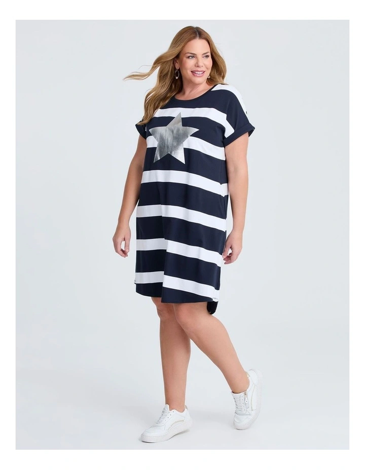 Cotton Star Stripe Dress in Navy/white image 1