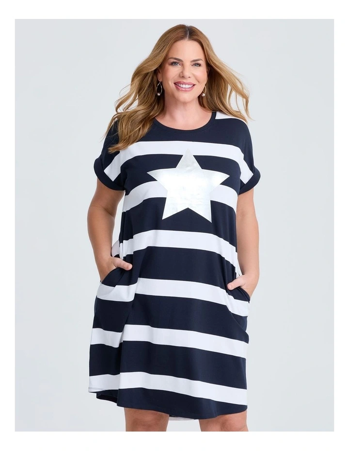 Cotton Star Stripe Dress in Navy/white image 3