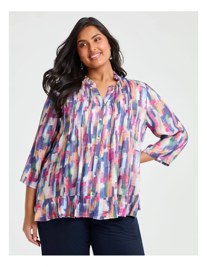 Natural Ari Pintuck Check Top in Multi Print image 1