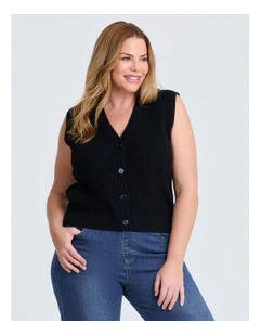 Cotton Button Up Knit Vest in Black