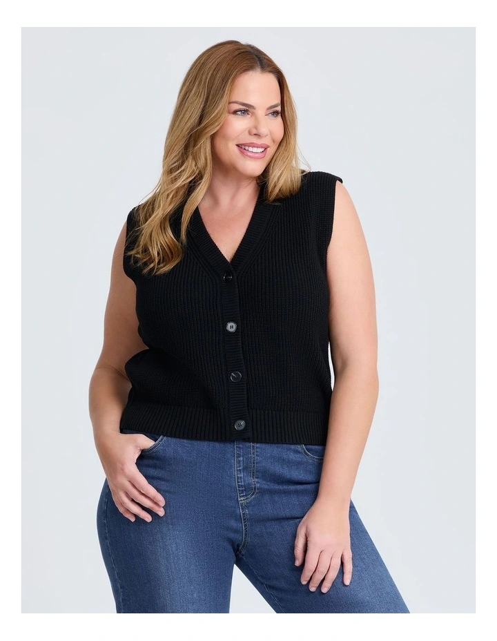 Cotton Button Up Knit Vest in Black image 1