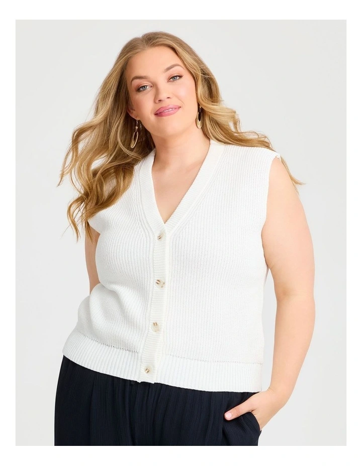 Cotton Button Up Knit Vest in White image 1