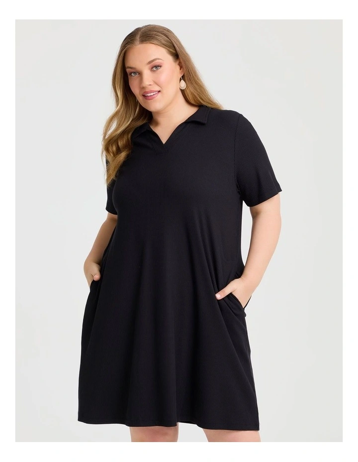 Collared Rib Dress Black image 3