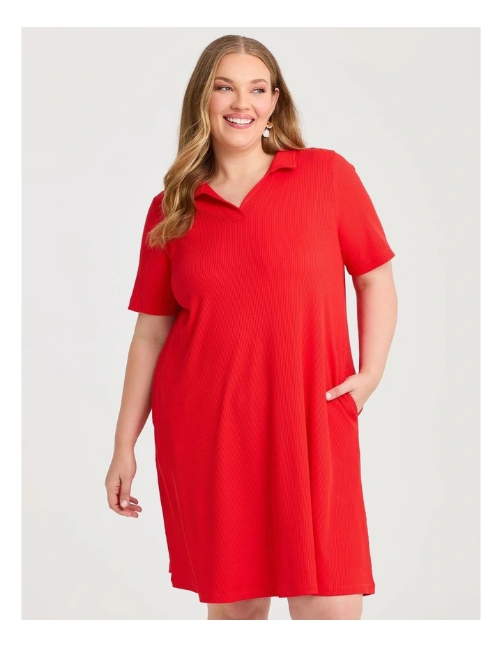 Collared Rib Dress Red image 3