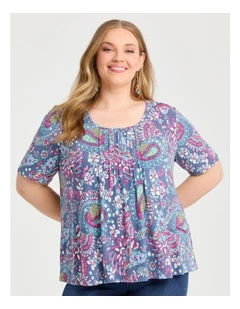 Printed Pintuck Top in Magenta/Multi