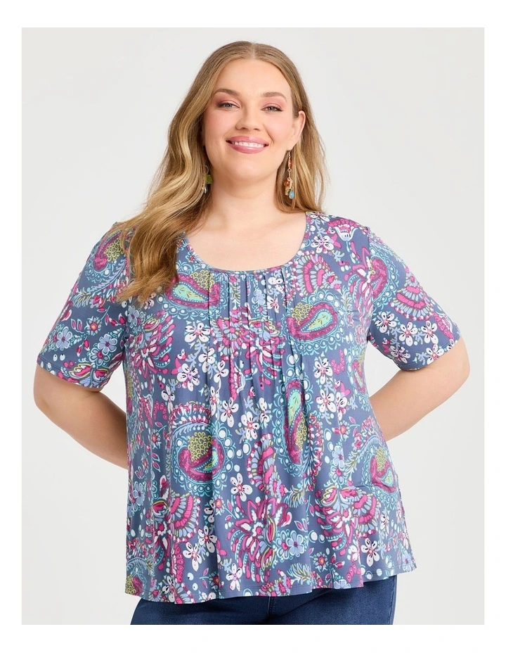Printed Pintuck Top in Magenta/Multi image 1