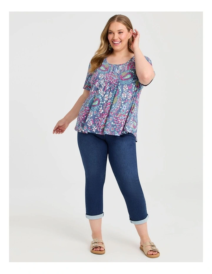 Printed Pintuck Top in Magenta/Multi image 3