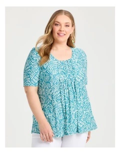Printed Pintuck Top Teal Print