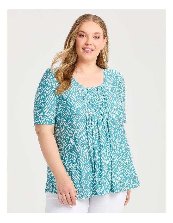 Printed Pintuck Top Teal Print image 1