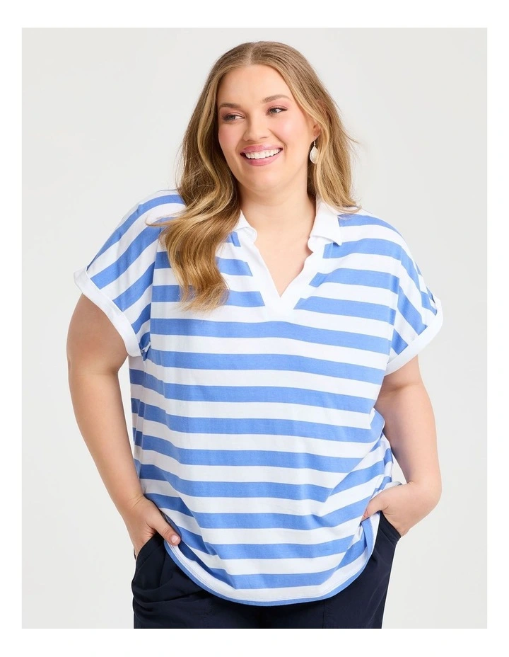 Cotton Stripe Polo Top in Blue image 1