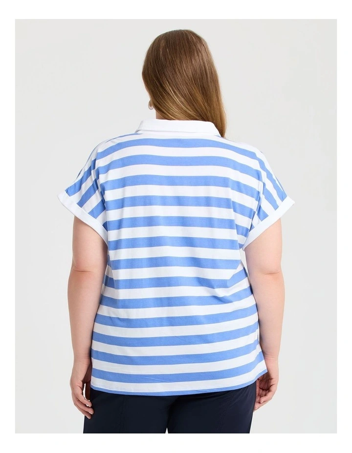 Cotton Stripe Polo Top in Blue image 2