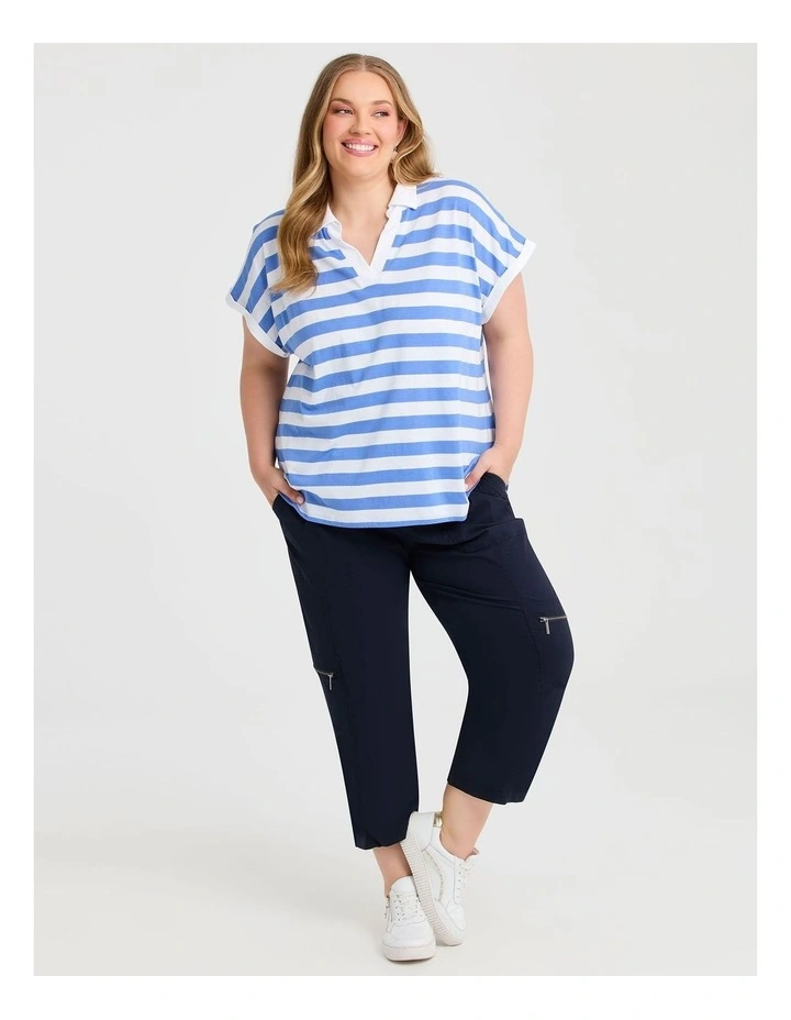 Cotton Stripe Polo Top in Blue image 3