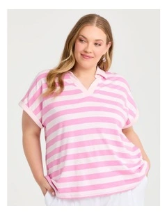 Cotton Stripe Polo Top in Pink
