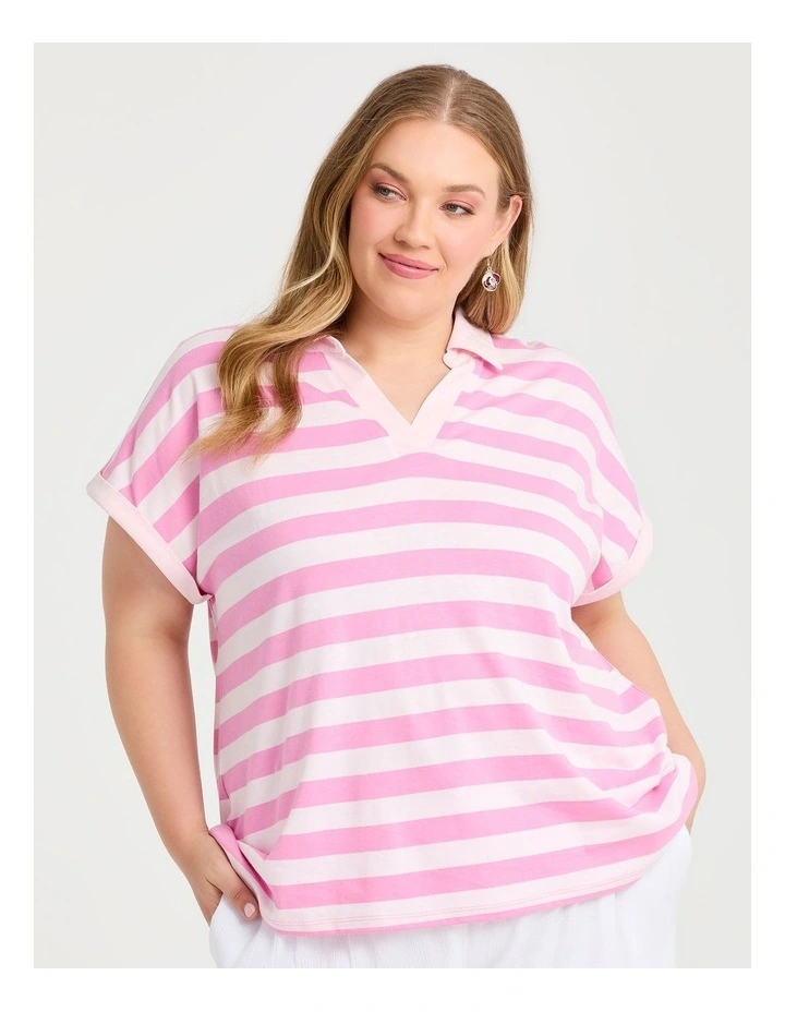 Cotton Stripe Polo Top in Pink image 1