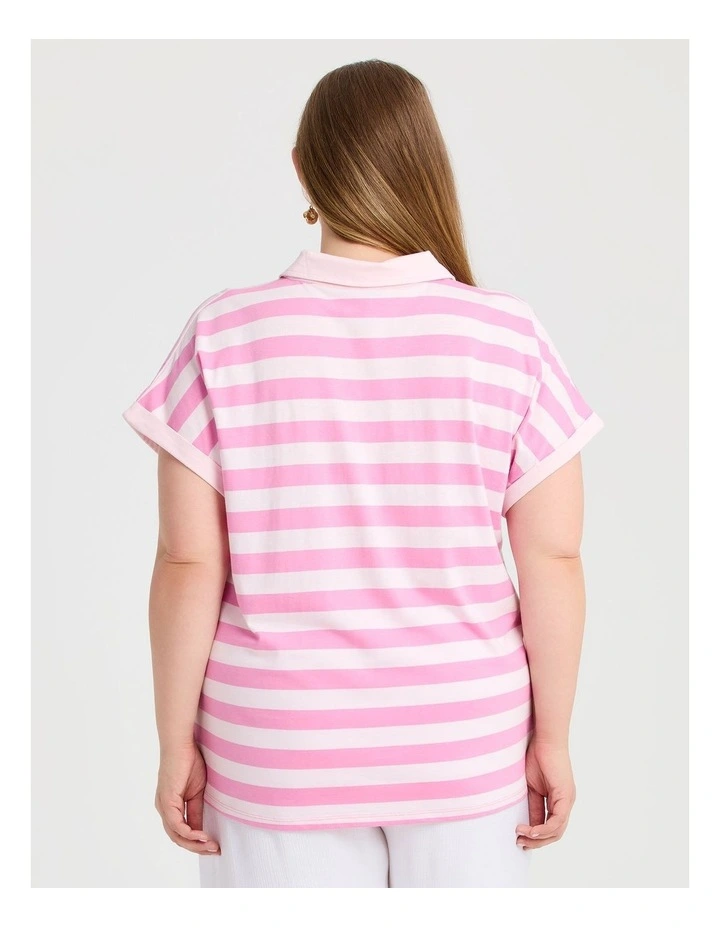 Cotton Stripe Polo Top in Pink image 2