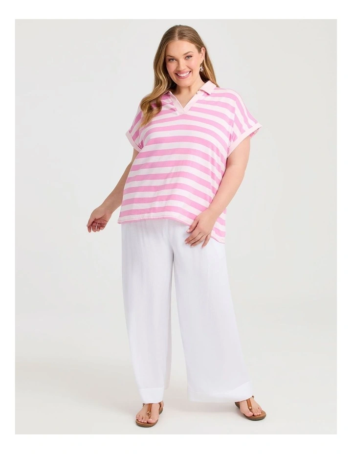 Cotton Stripe Polo Top in Pink image 3