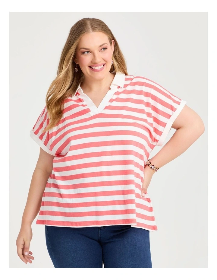 Cotton Stripe Polo Top in Coral image 1