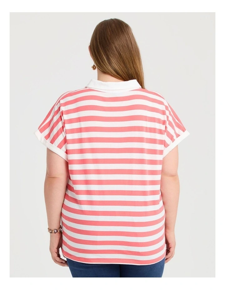 Cotton Stripe Polo Top in Coral image 2