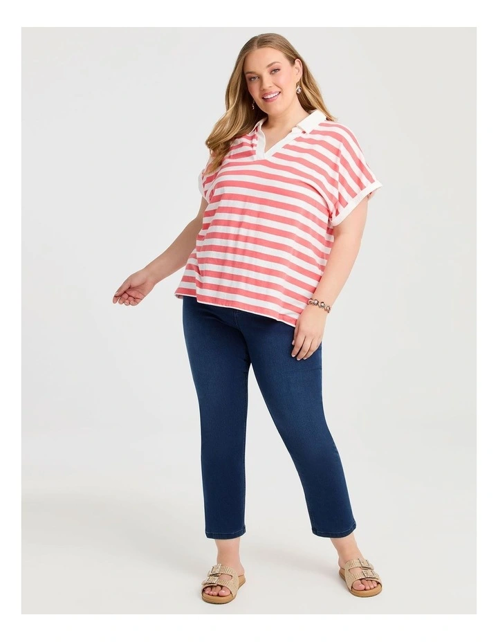 Cotton Stripe Polo Top in Coral image 3