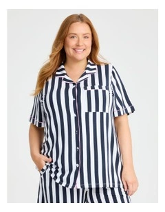 Modal Stripe Button Pyjama Top in Navy/White